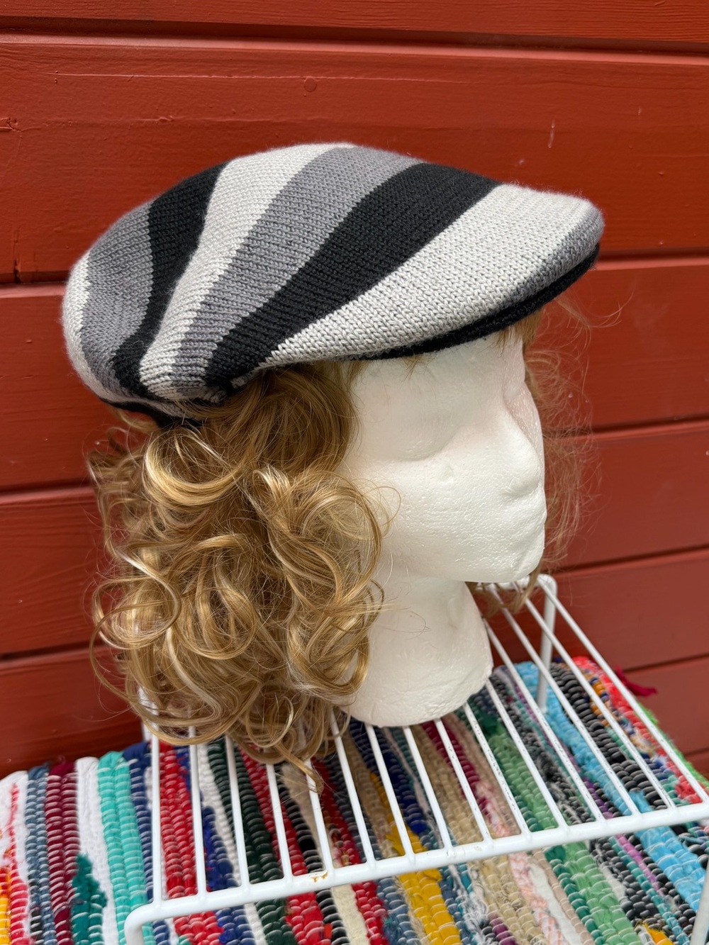 Kangol Black and Gray Stripe Knit Newsboy Classic Preppy  Hat unisex